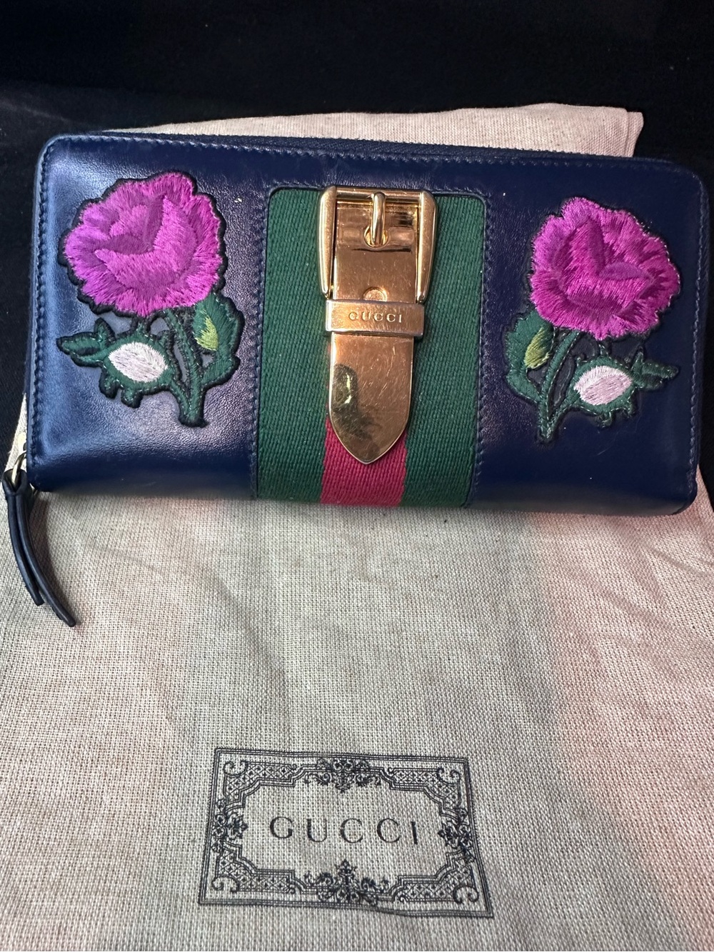 RARE Gucci Sylvie Embroidery Long Wallet Navy Gold Hardware GIFT-ABLE!